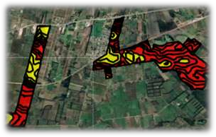 Mapa microclimático de riesgo de helada de una finca, con microclimas en rojo y amarillo