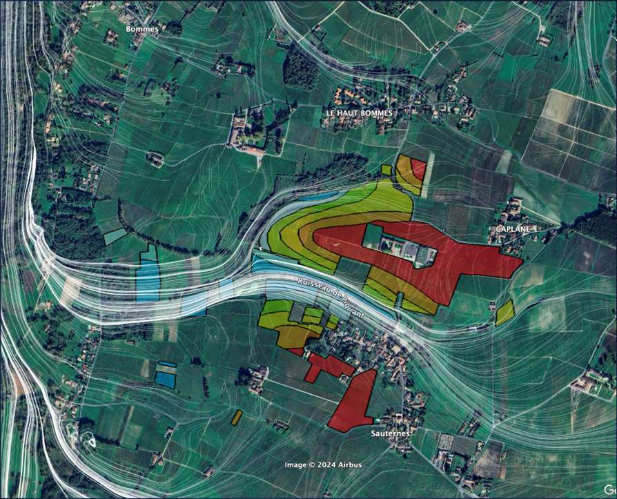 Mapa microclimático con líneas de flujo de aire frío en un viñedo de Francia