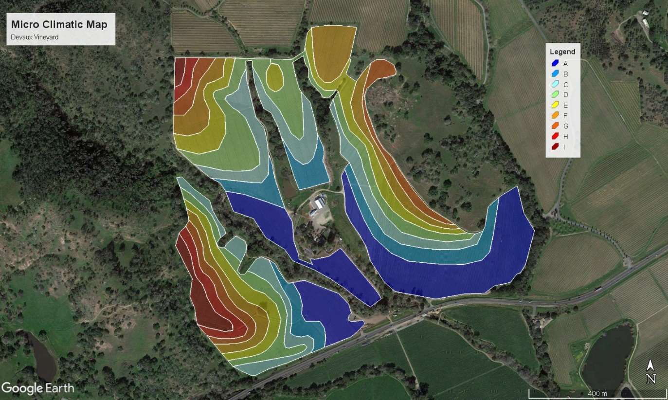 Mapa microclimático de un viñedo en Napa Valley, California